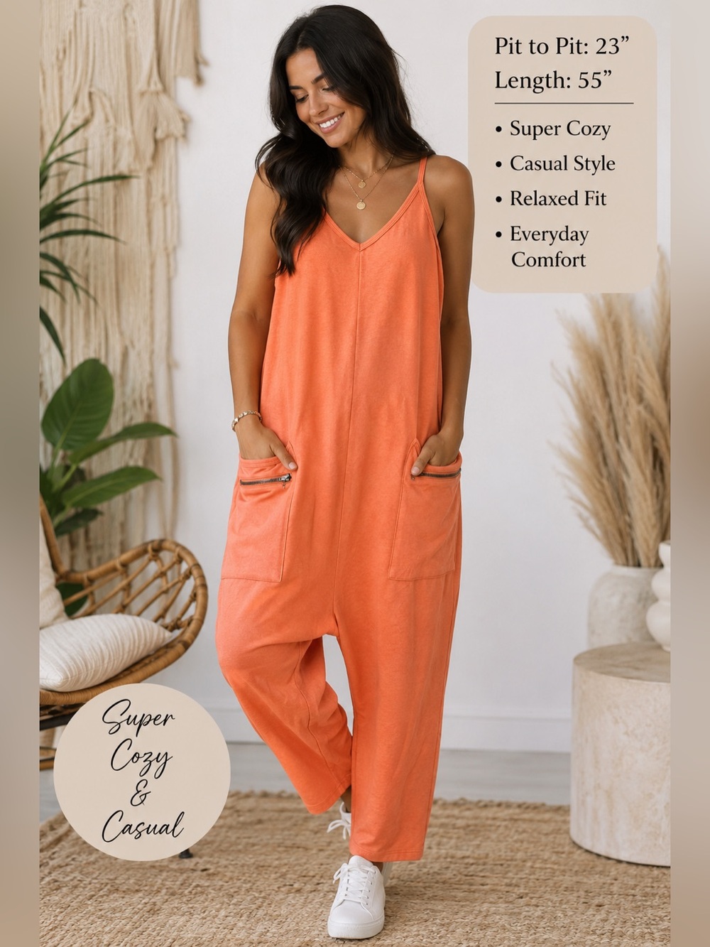Women's Relaxed Orange Jumpsuit - Casual Cozy Style